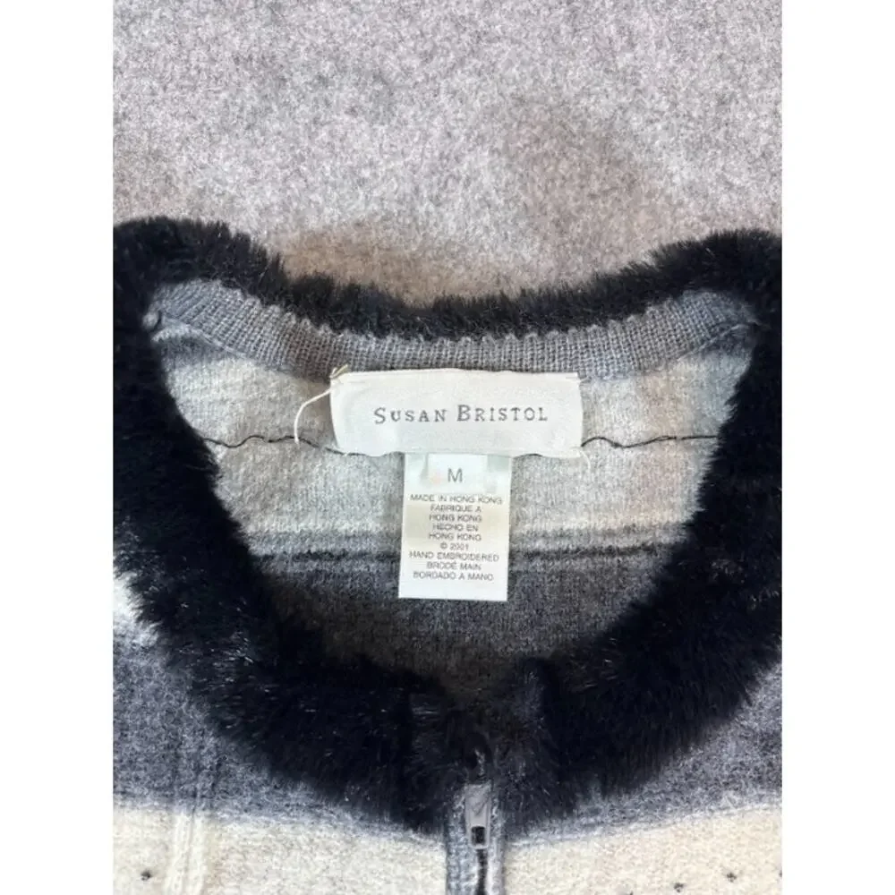 VTG Susan Bristol Hand Embroidered Wool Cardigan Womens M Striped Neutral Cozy - Picture 4 of 9